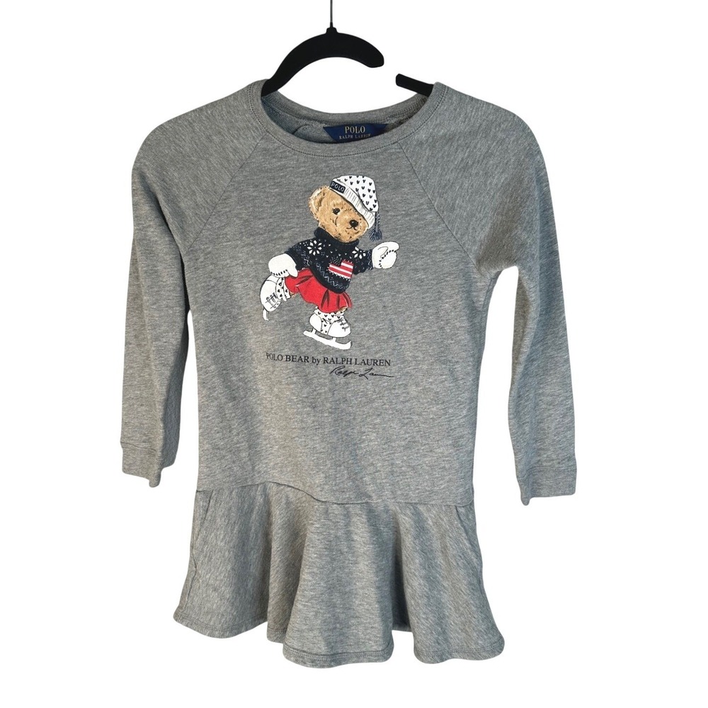 Polo Ralph Lauren Kid's Gray Polo Bear Ice Skating Peplum Sweatshirt Dress 6X